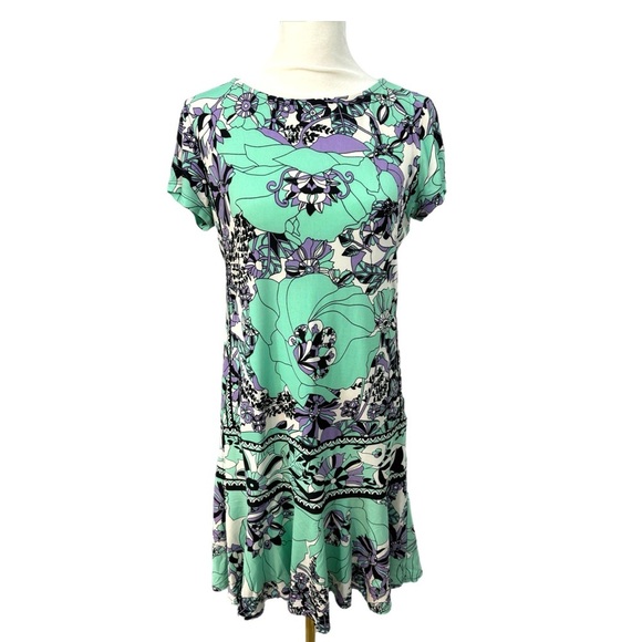 DONNA MORGAN Women’s Size 4 Floral Dress Short Sleeve Mini Ruffle Hem Green - Picture 3 of 13